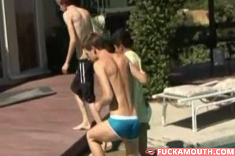 three boyz poolside engulf and bunch-sex bare